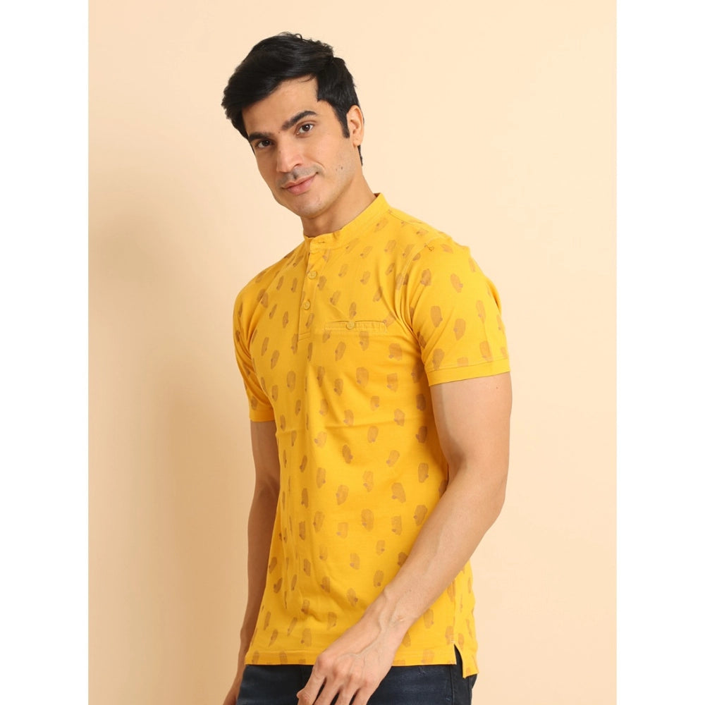 Amfyn Men's Casual Cotton Printed Mandarin Collar Half Sleeve T-Shirt (Mustard)