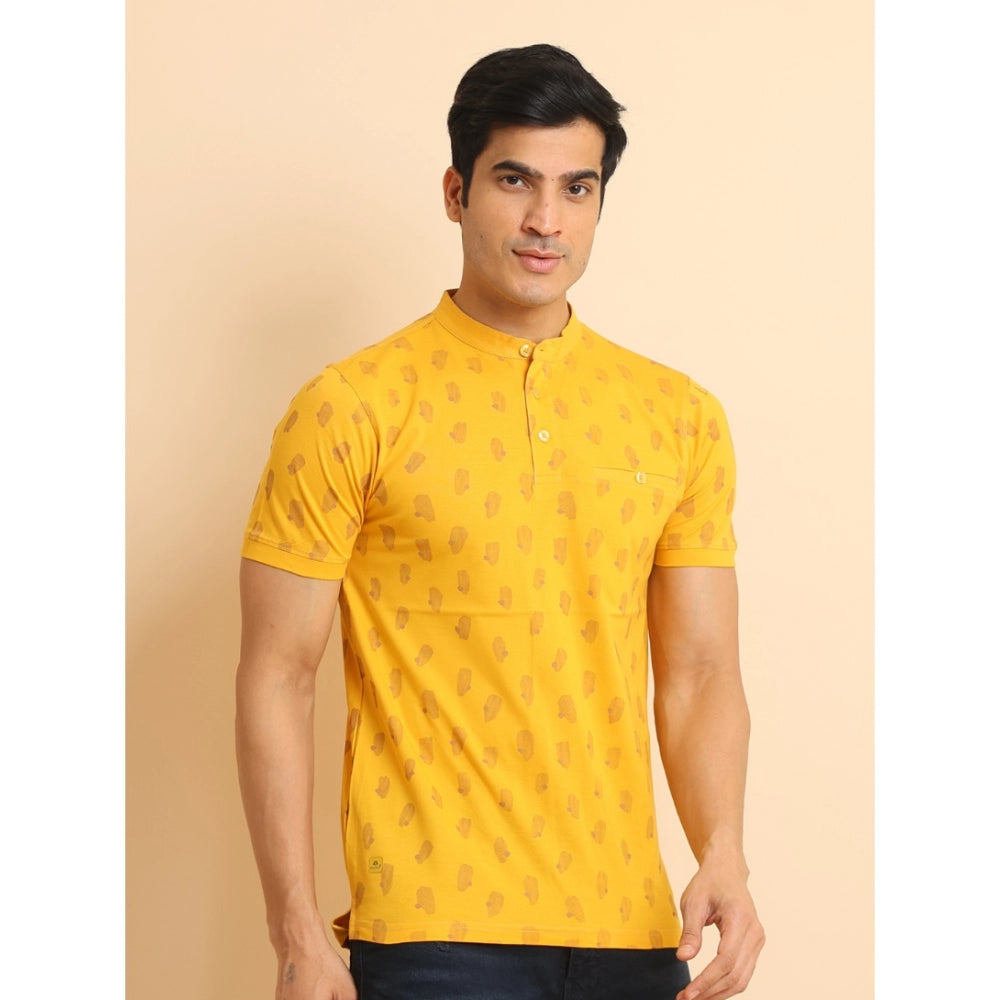 Amfyn Men's Casual Cotton Printed Mandarin Collar Half Sleeve T-Shirt (Mustard)