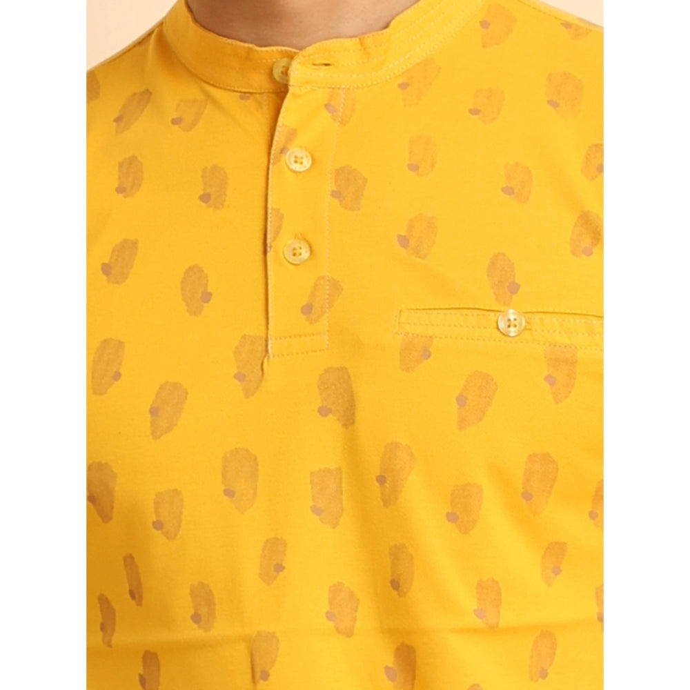 Amfyn Men's Casual Cotton Printed Mandarin Collar Half Sleeve T-Shirt (Mustard)