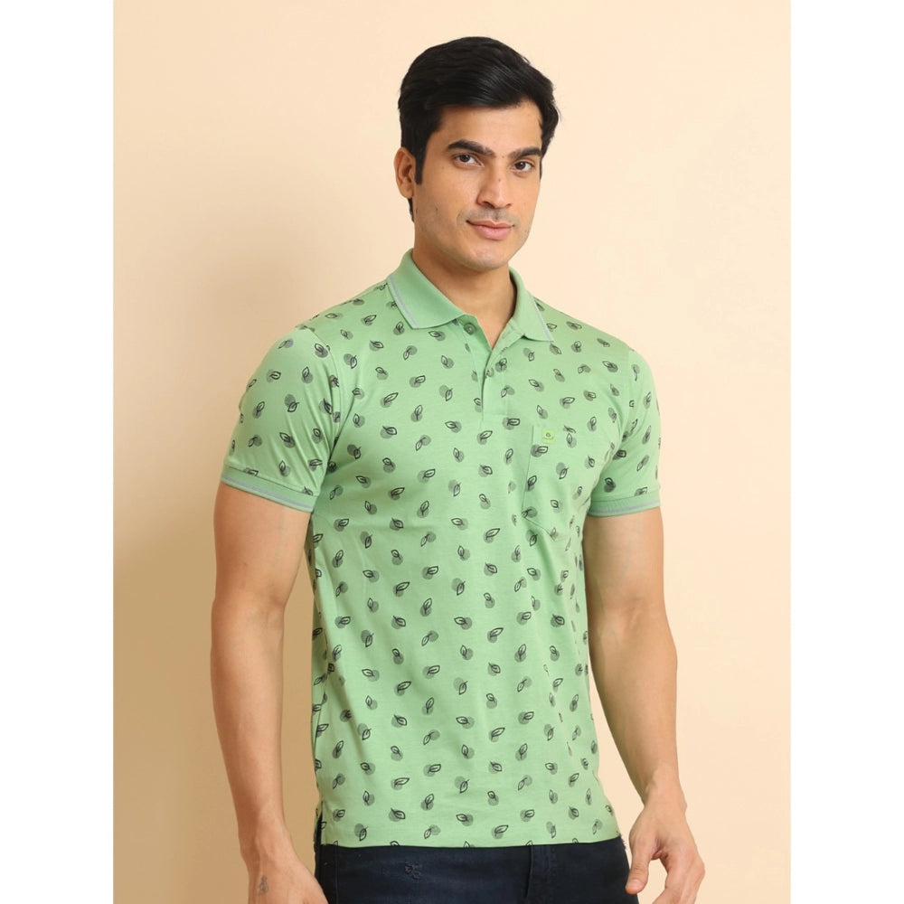 Amfyn Men's Casual Cotton Printed Polo Neck Half Sleeve T-Shirt (Light Green)