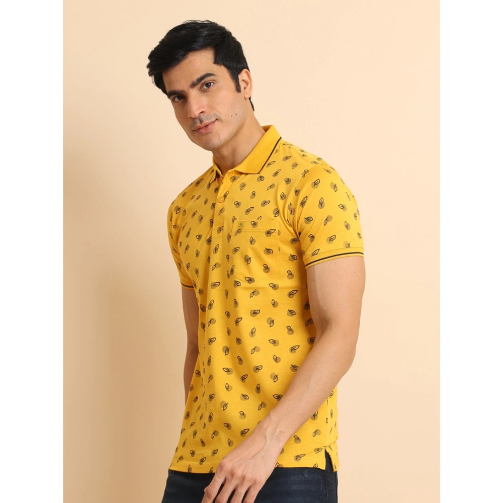 Amfyn Men's Casual Cotton Printed Polo Neck Half Sleeve T-Shirt (Mustard)