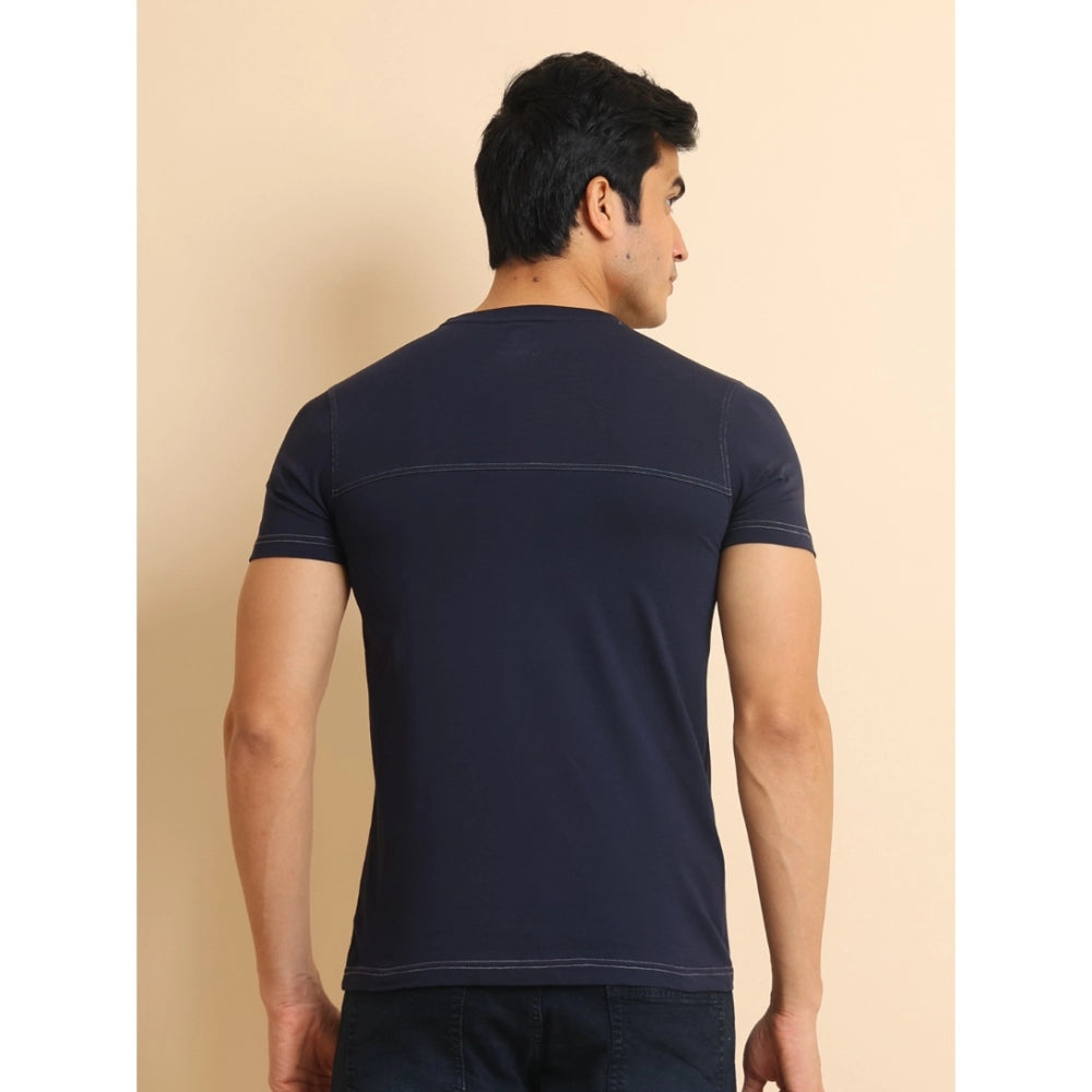 Amfyn Men's Casual Cotton Solid Round Neck Half Sleeve T-Shirt (Navy)