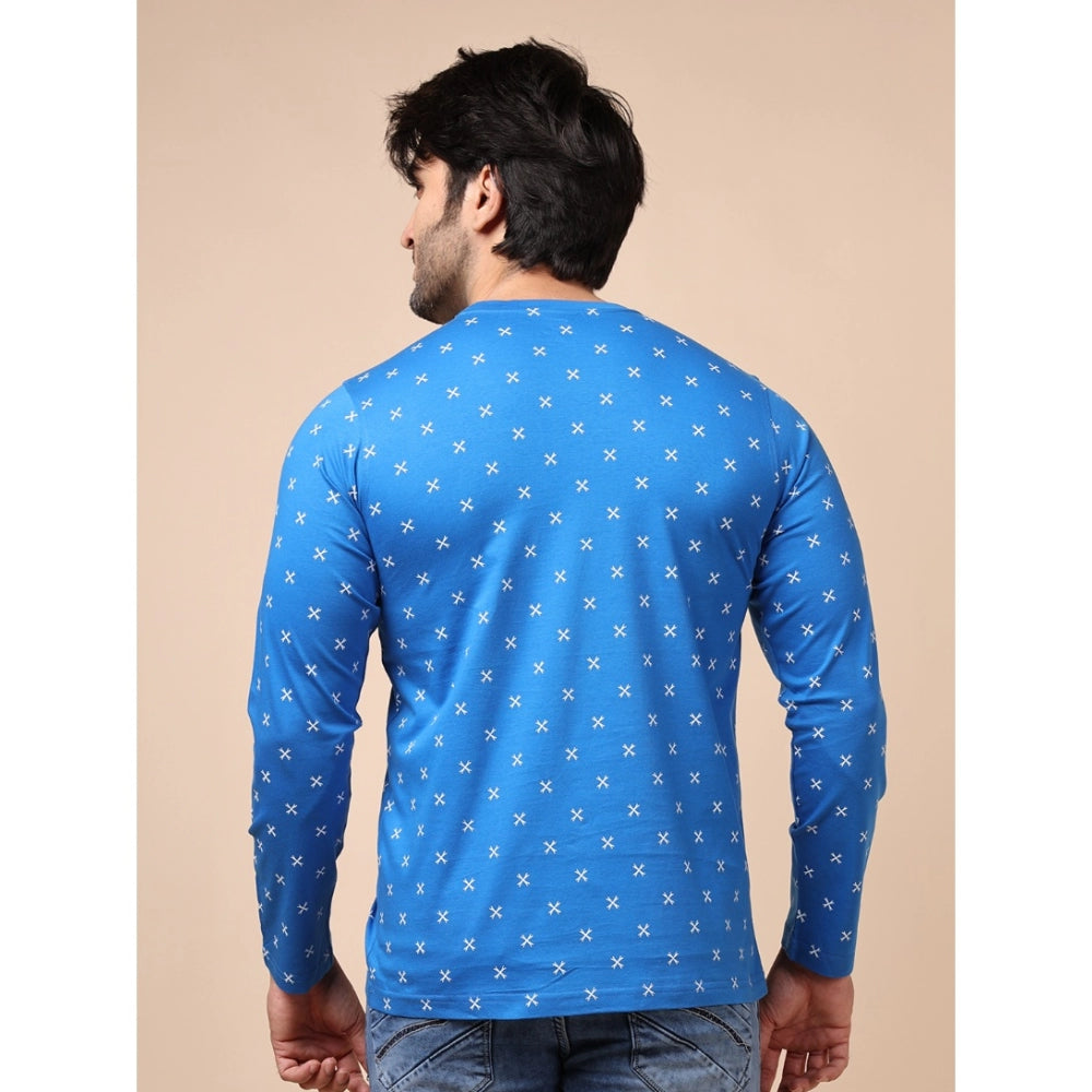 Amfyn Men's Casual Cotton Printed Round Neck Full Sleeve T-Shirt (Blue)