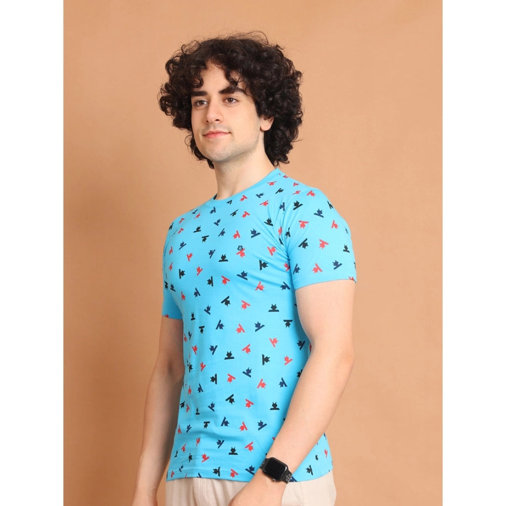 Amfyn Men's Casual Cotton Printed Round Neck Half Sleeve T-Shirt (Skyblue)