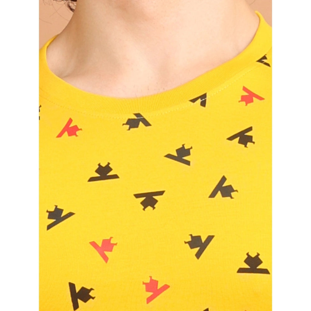 Amfyn Men's Casual Cotton Printed Round Neck Half Sleeve T-Shirt (Yellow)