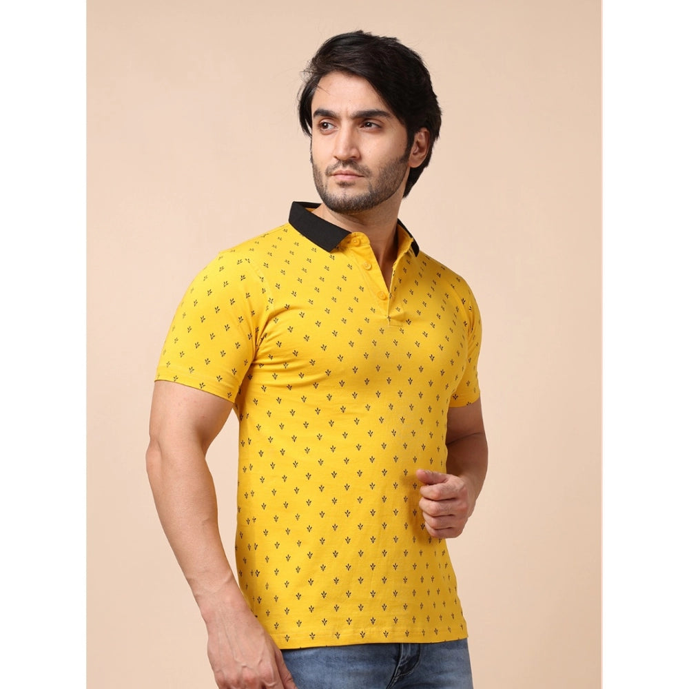 Amfyn Men's Casual Cotton Printed Polo Neck Half Sleeve T-Shirt (Yellow)