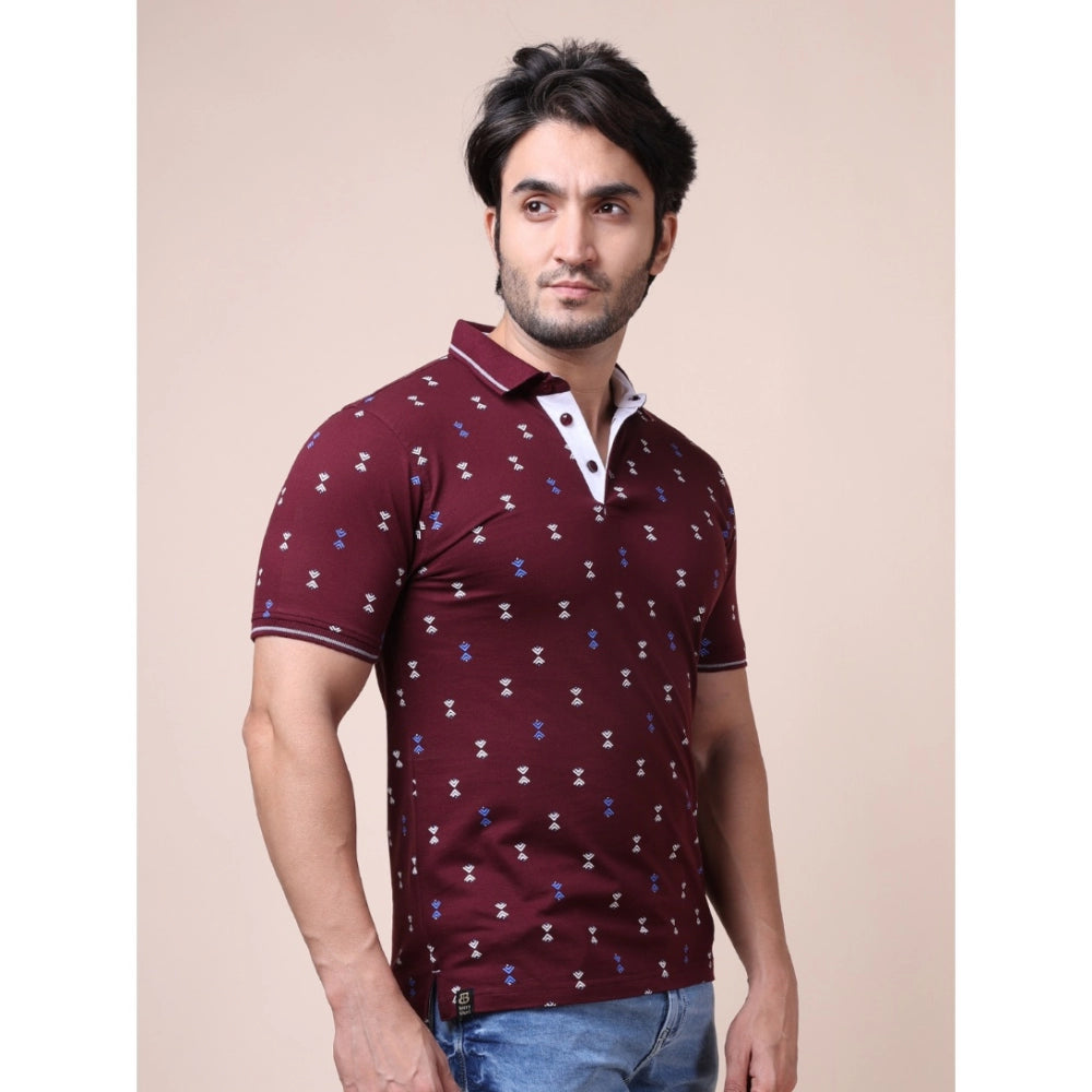 Amfyn Men's Casual Cotton Printed Polo Neck Half Sleeve T-Shirt (Plum)