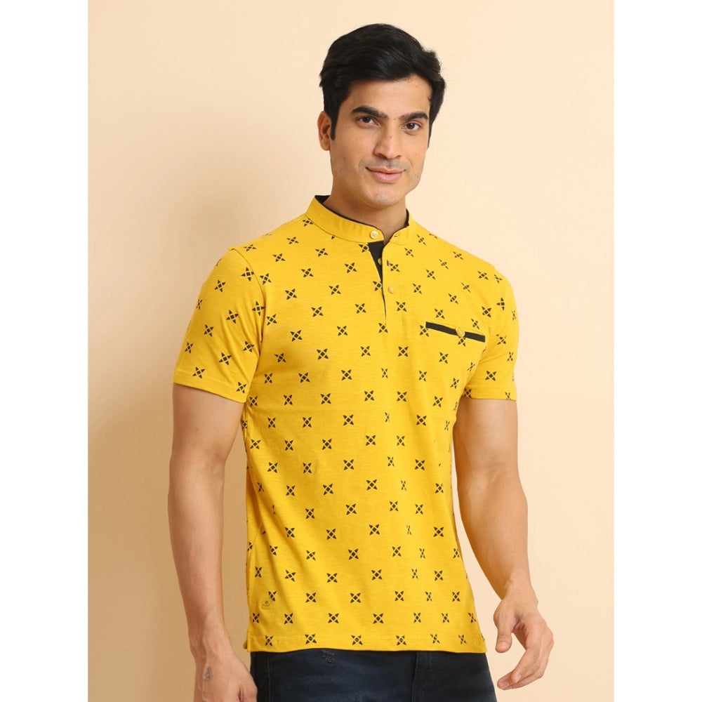 Amfyn Men's Casual Cotton Printed Mandarin Collar Half Sleeve T-Shirt (Mustard)