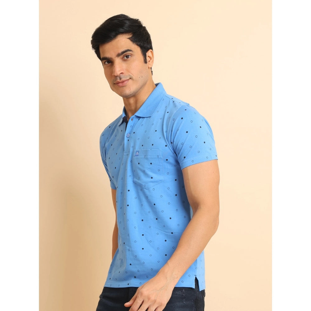 Amfyn Men's Casual Cotton Printed Polo Neck Half Sleeve T-Shirt (Blue)