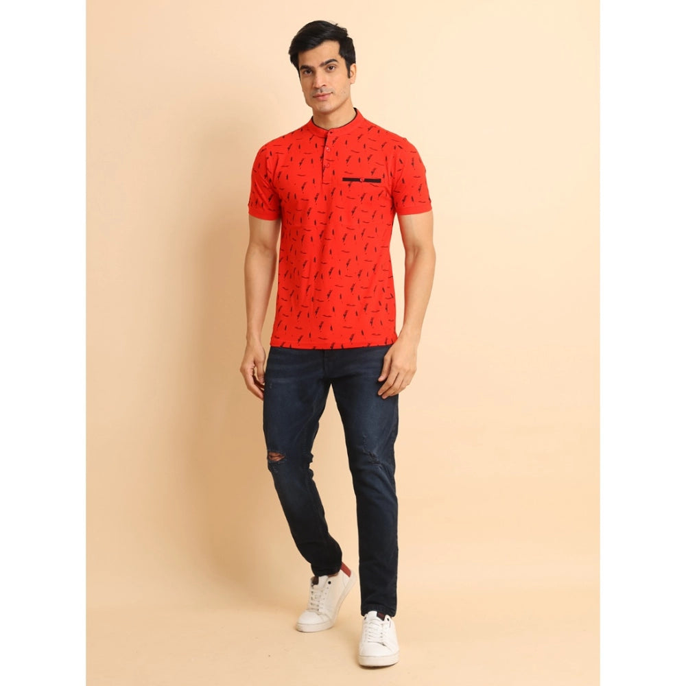 Amfyn Men's Casual Cotton Printed Mandarin Collar Half Sleeve T-Shirt (Red)
