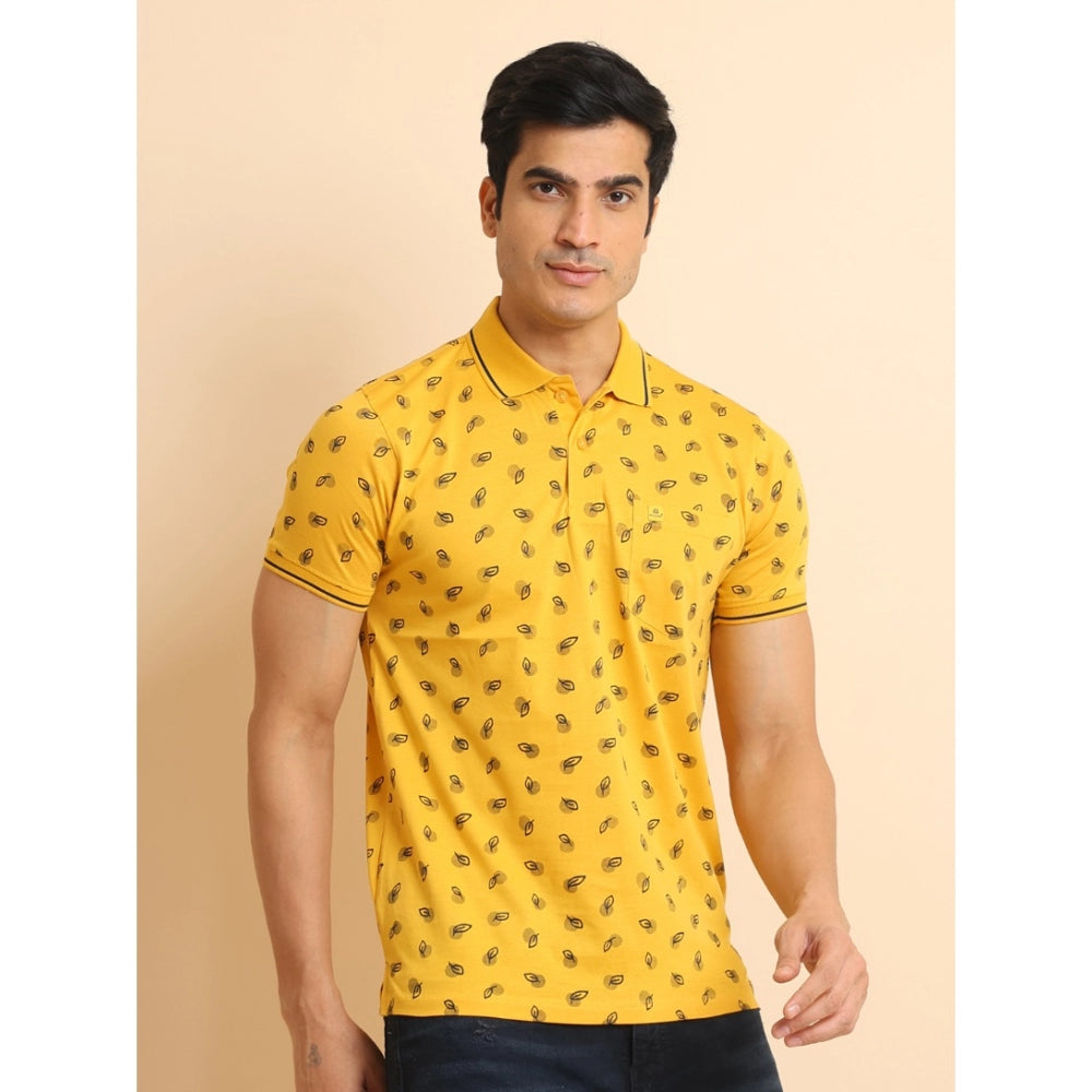 Amfyn Men's Casual Cotton Printed Polo Neck Half Sleeve T-Shirt (Mustard)
