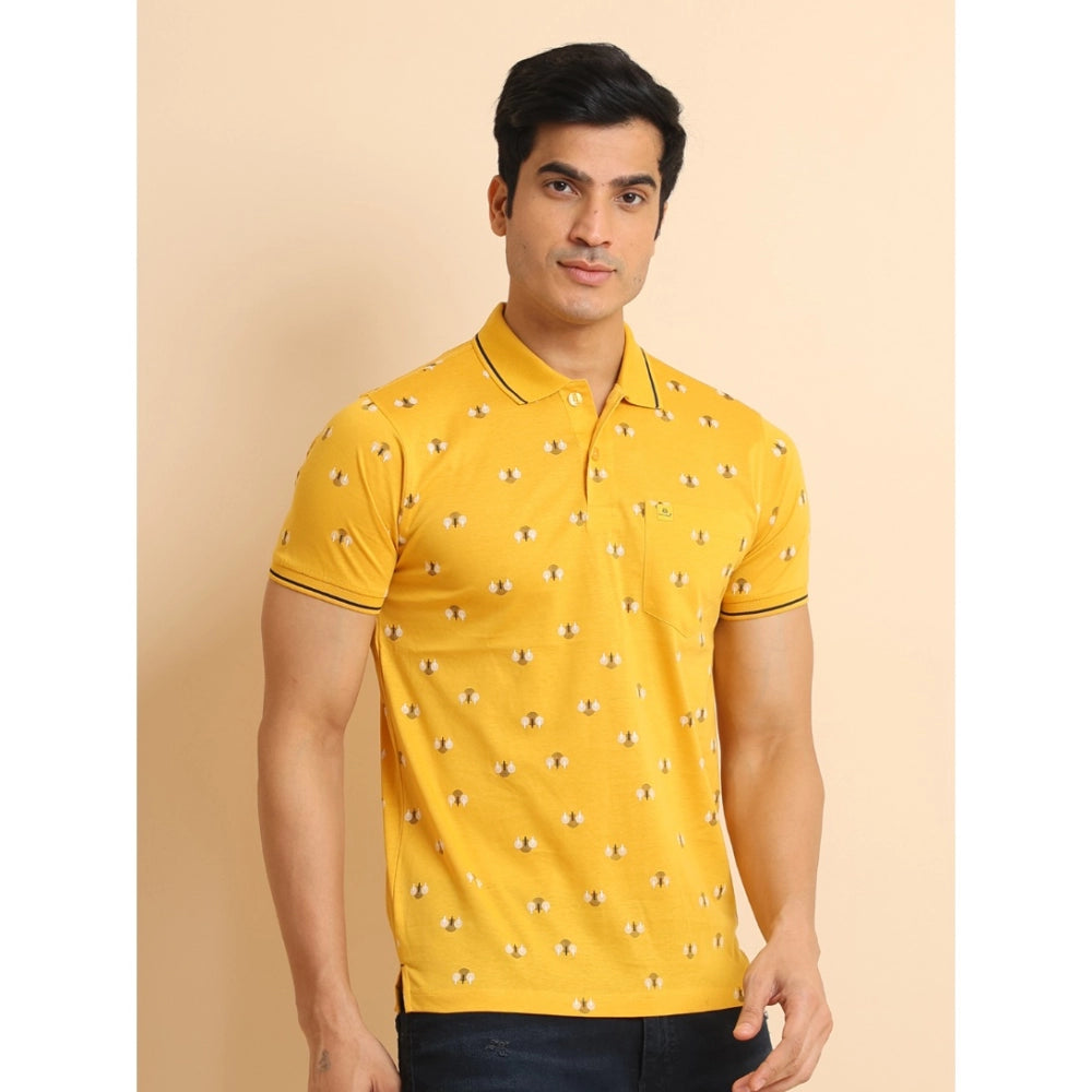 Amfyn Men's Casual Cotton Printed Polo Neck Half Sleeve T-Shirt (Mustard)