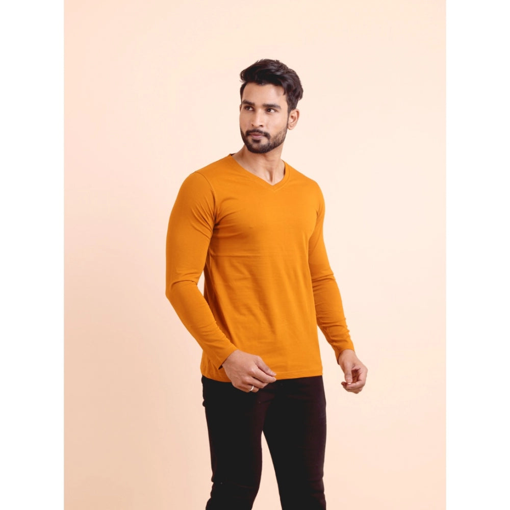 Amfyn Men's Casual Cotton Solid V Neck Full Sleeve T-Shirt  (Mustard)