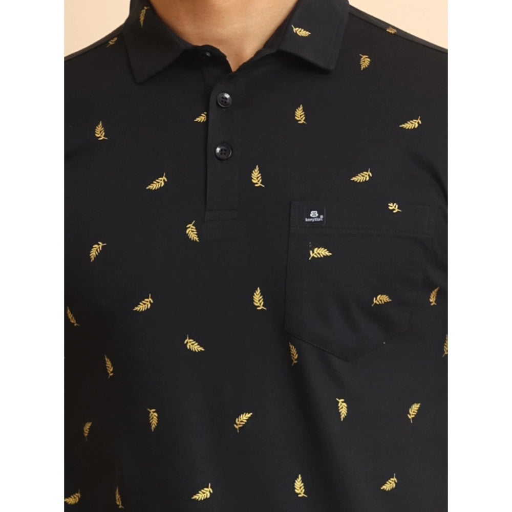 Amfyn Men's Casual Cotton Printed Polo Neck Half Sleeve T-Shirt (Black)