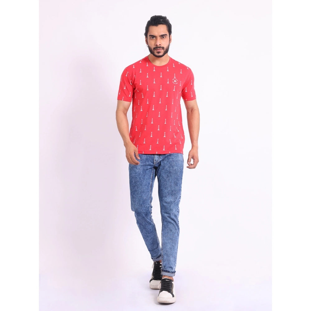 Amfyn Men's Casual Cotton Printed Round Neck Half Sleeve T-Shirt (Red)