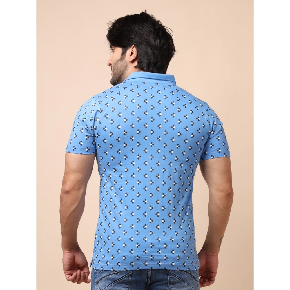 Amfyn Men's Casual Cotton Printed Polo Neck Half Sleeve T-Shirt (Blue)