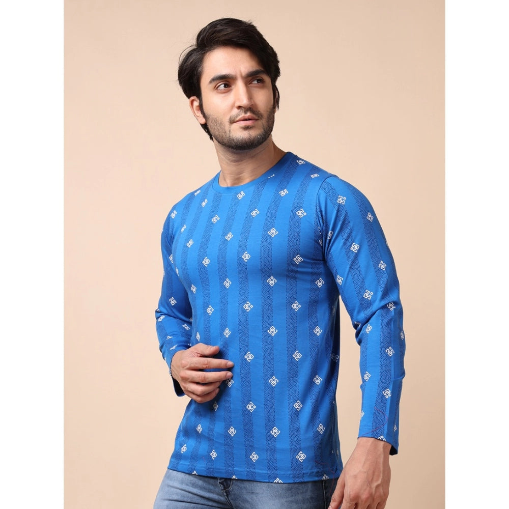 Amfyn Men's Casual Cotton Printed Round Neck Full Sleeve T-Shirt (Blue)