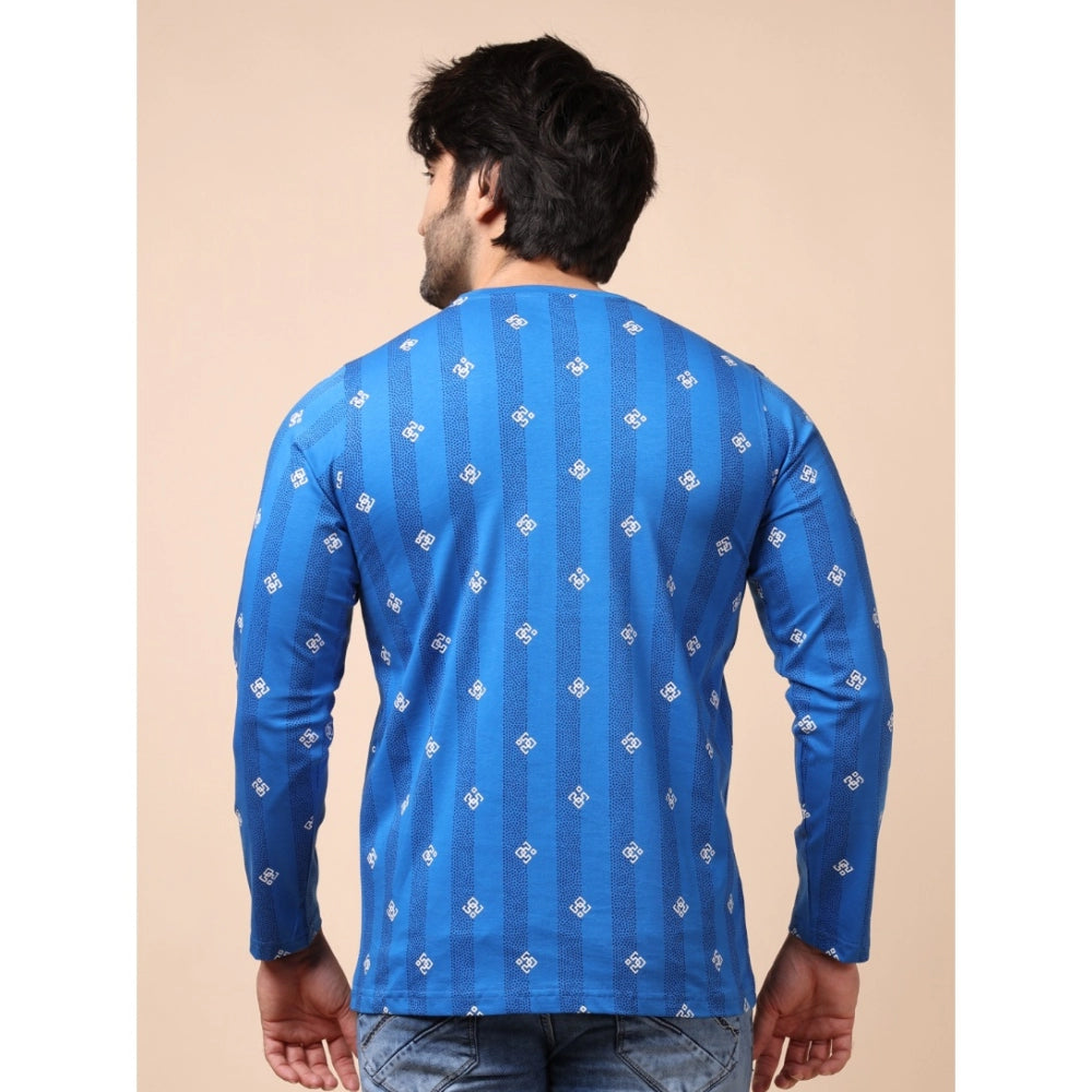 Amfyn Men's Casual Cotton Printed Round Neck Full Sleeve T-Shirt (Blue)