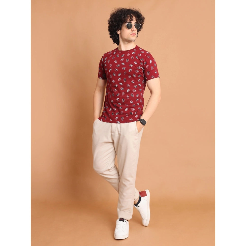 Amfyn Men's Casual Cotton Printed Round Neck Half Sleeve T-Shirt (Maroon)