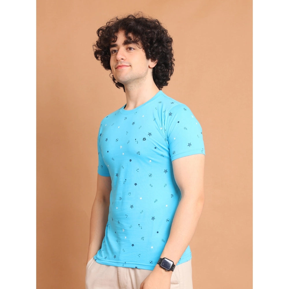 Amfyn Men's Casual Cotton Printed Round Neck Half Sleeve T-Shirt (Skyblue)