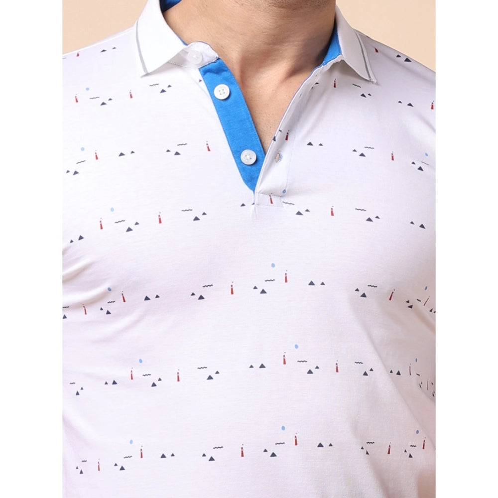 Amfyn Men's Casual Cotton Printed Polo Neck Half Sleeve T-Shirt (White)