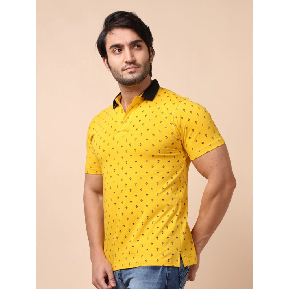 Amfyn Men's Casual Cotton Printed Polo Neck Half Sleeve T-Shirt (Yellow)