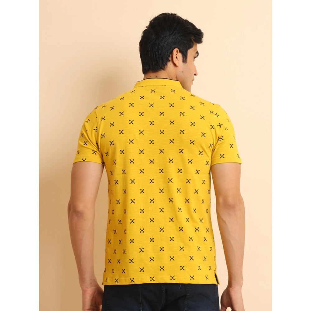 Amfyn Men's Casual Cotton Printed Mandarin Collar Half Sleeve T-Shirt (Mustard)