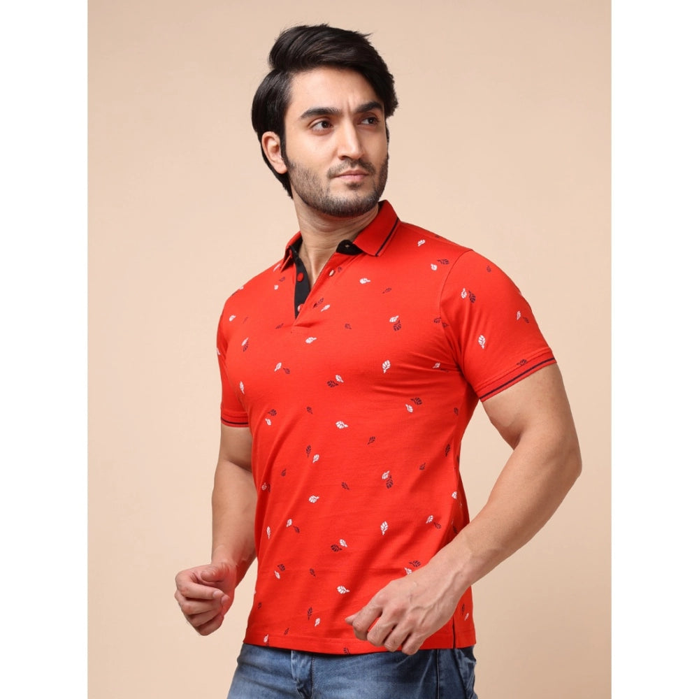 Amfyn Men's Casual Cotton Printed Polo Neck Half Sleeve T-Shirt (Red)