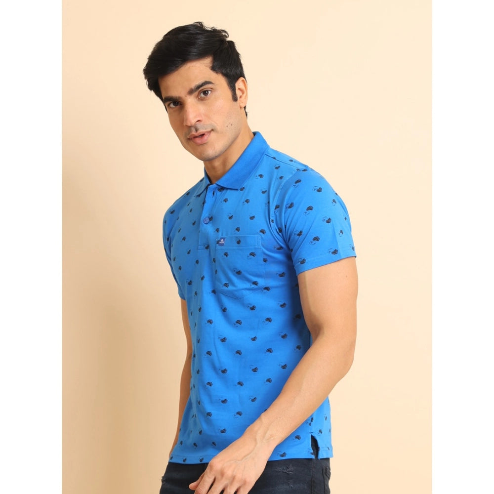 Amfyn Men's Casual Cotton Printed Polo Neck Half Sleeve T-Shirt (Blue)