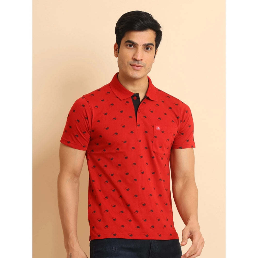 Amfyn Men's Casual Cotton Printed Polo Neck Half Sleeve T-Shirt (Red)