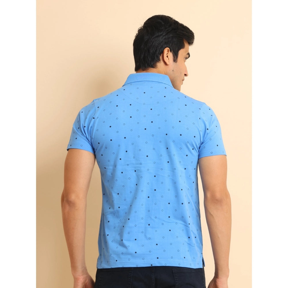 Amfyn Men's Casual Cotton Printed Polo Neck Half Sleeve T-Shirt (Blue)