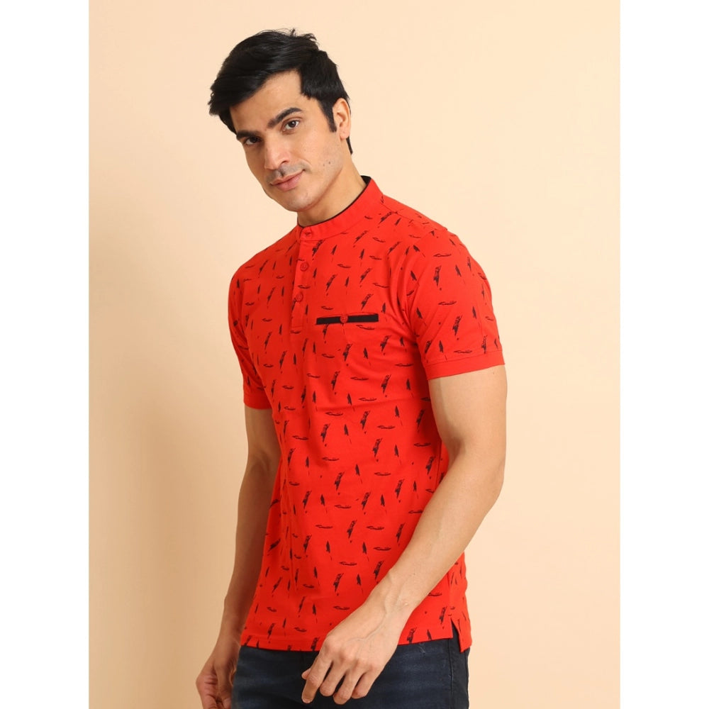 Amfyn Men's Casual Cotton Printed Mandarin Collar Half Sleeve T-Shirt (Red)