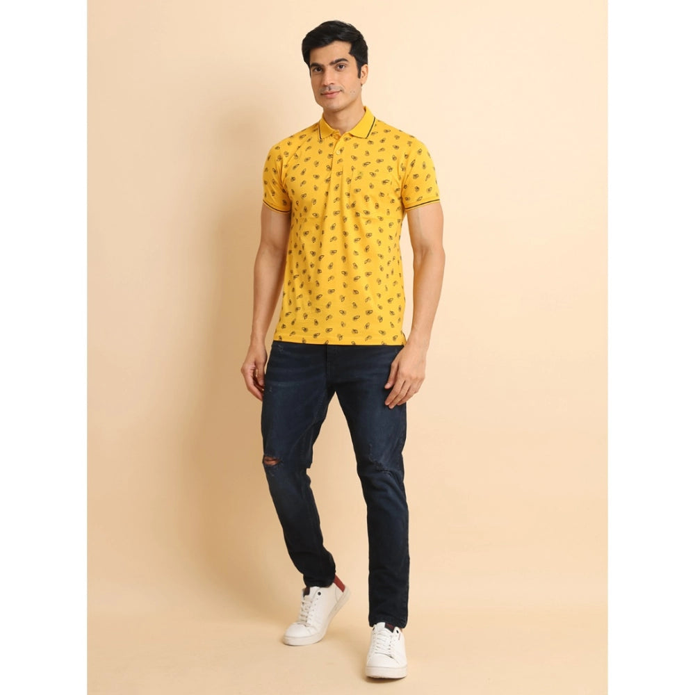 Amfyn Men's Casual Cotton Printed Polo Neck Half Sleeve T-Shirt (Mustard)