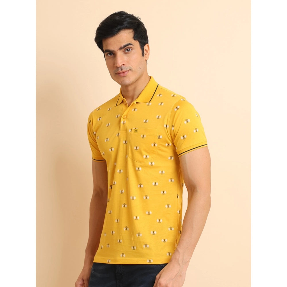 Amfyn Men's Casual Cotton Printed Polo Neck Half Sleeve T-Shirt (Mustard)