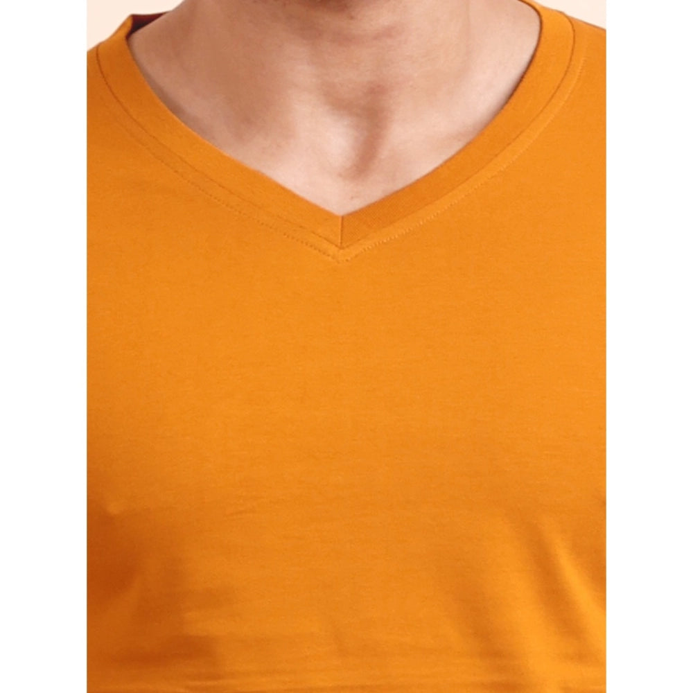 Amfyn Men's Casual Cotton Solid V Neck Full Sleeve T-Shirt  (Mustard)