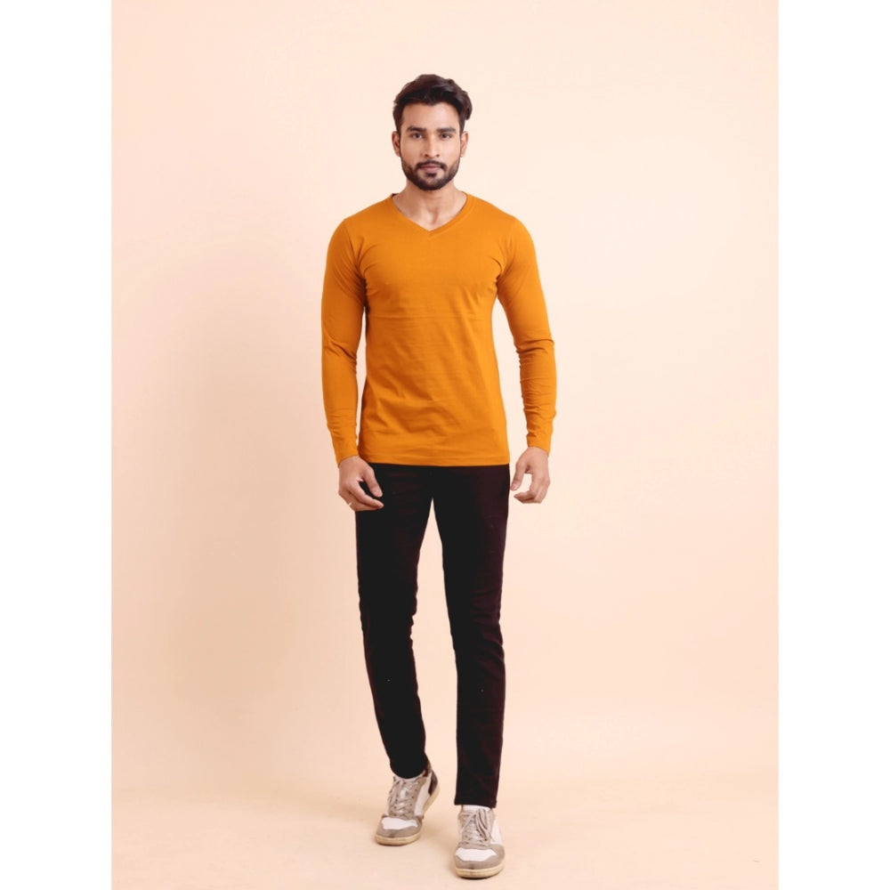 Amfyn Men's Casual Cotton Solid V Neck Full Sleeve T-Shirt  (Mustard)