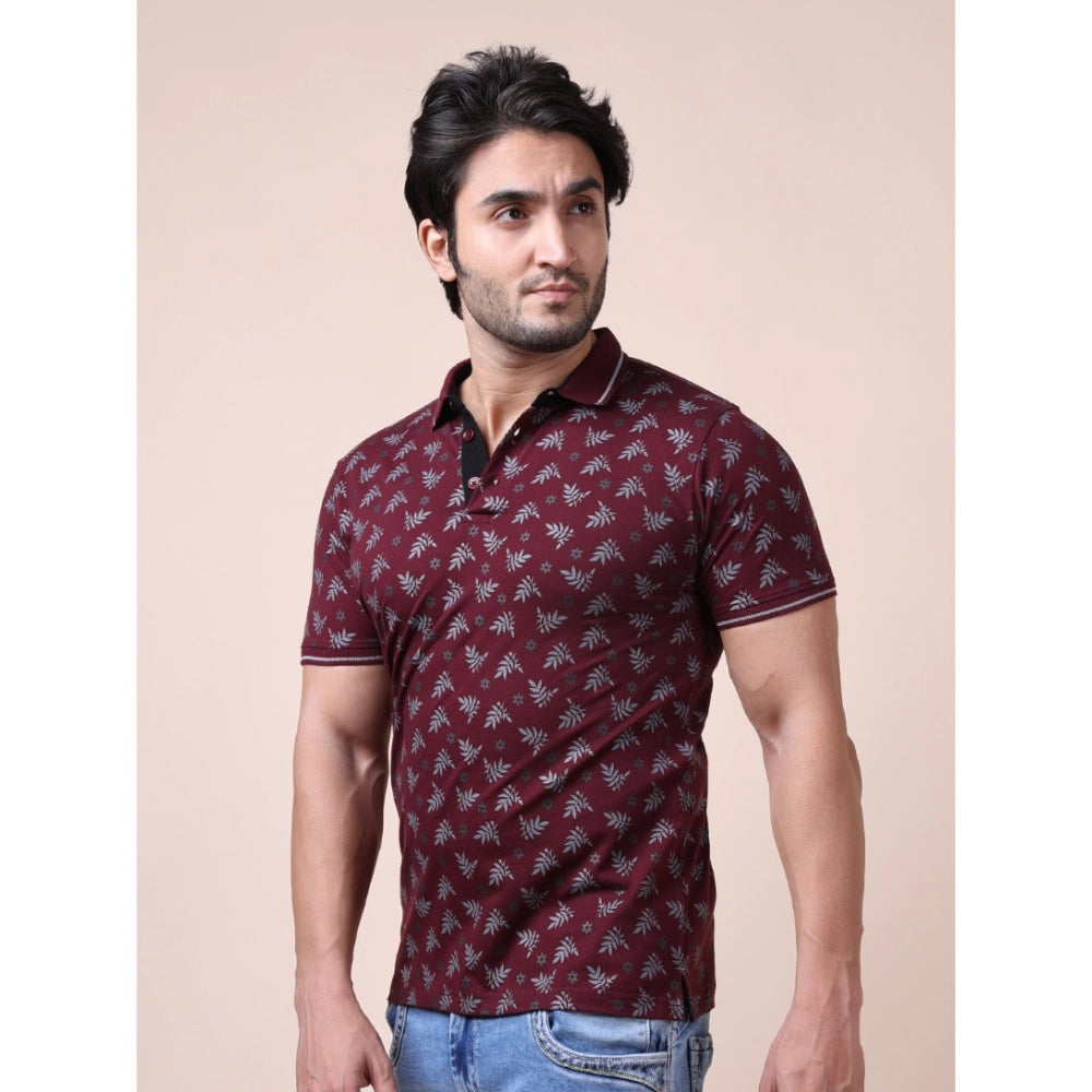 Amfyn Men's Casual Cotton Printed Polo Neck Half Sleeve T-Shirt (Plum)