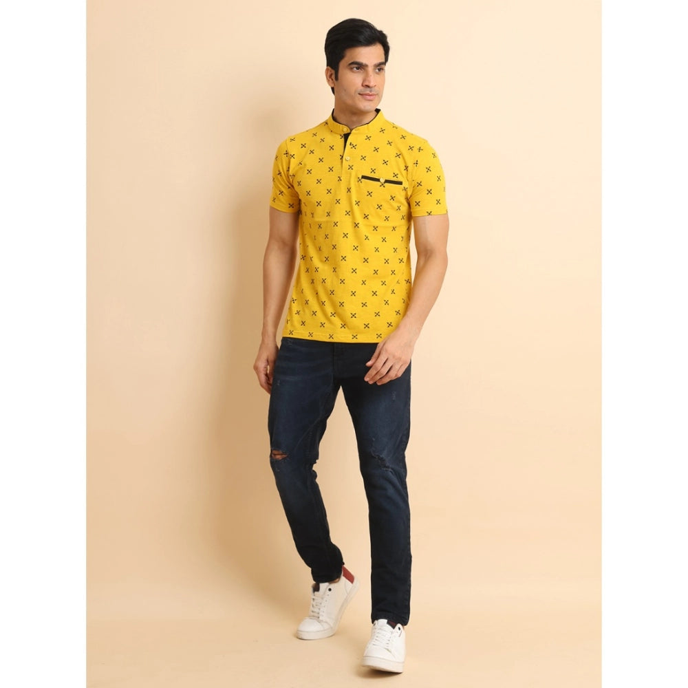 Amfyn Men's Casual Cotton Printed Mandarin Collar Half Sleeve T-Shirt (Mustard)