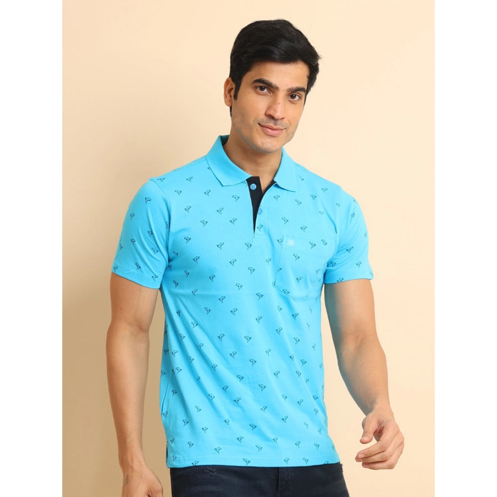 Amfyn Men's Casual Cotton Printed Polo Neck Half Sleeve T-Shirt (Skyblue)