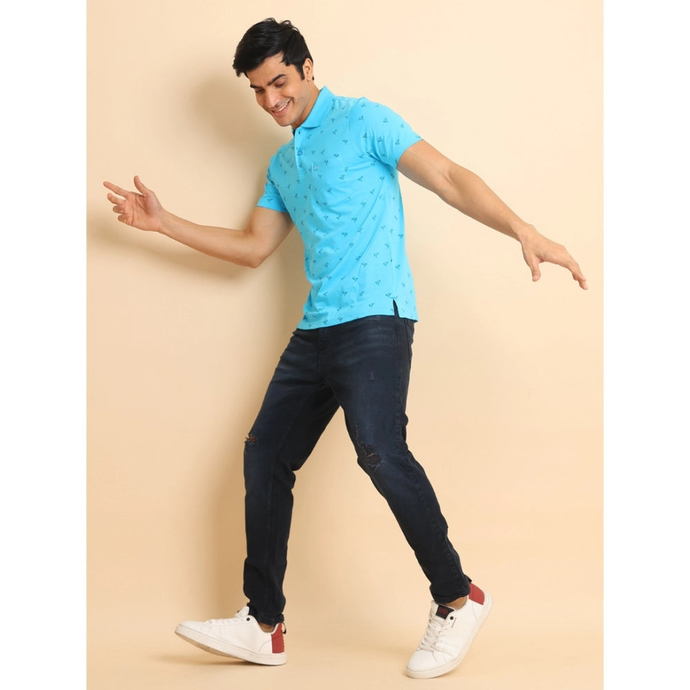 Amfyn Men's Casual Cotton Printed Polo Neck Half Sleeve T-Shirt (Skyblue)