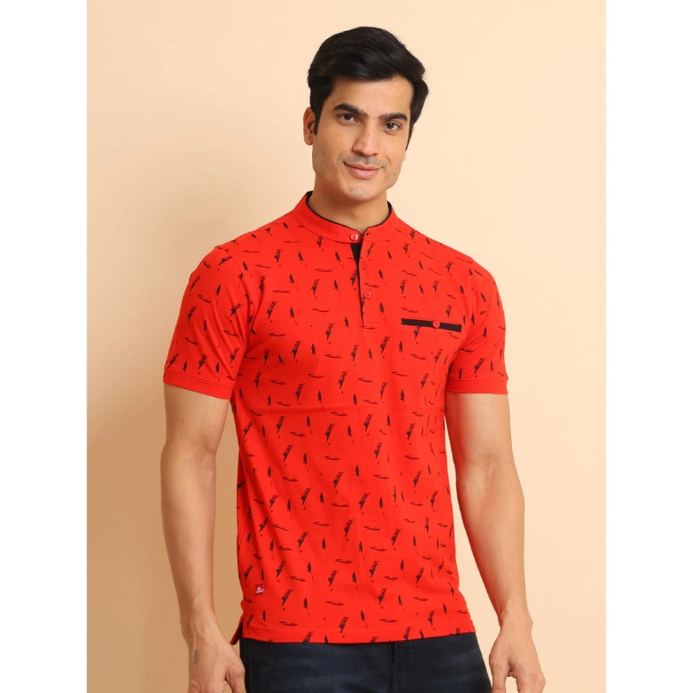 Amfyn Men's Casual Cotton Printed Mandarin Collar Half Sleeve T-Shirt (Red)
