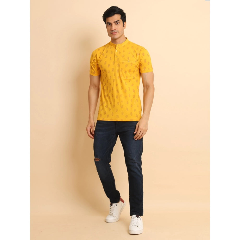 Amfyn Men's Casual Cotton Printed Mandarin Collar Half Sleeve T-Shirt (Mustard)