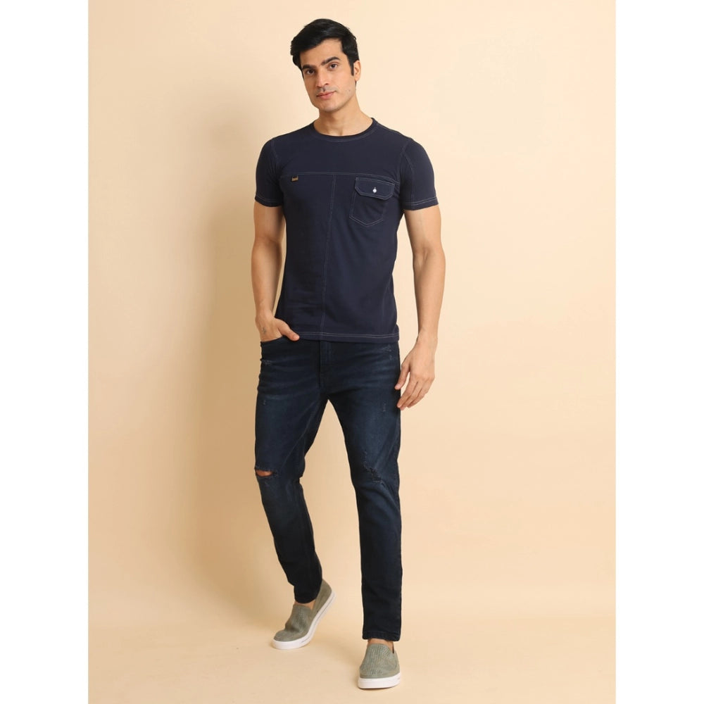 Amfyn Men's Casual Cotton Solid Round Neck Half Sleeve T-Shirt (Navy)