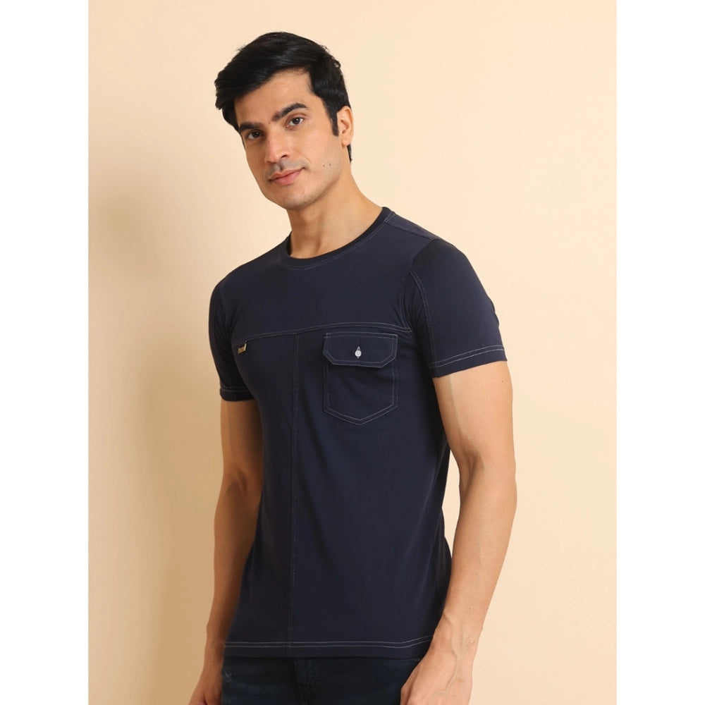 Amfyn Men's Casual Cotton Solid Round Neck Half Sleeve T-Shirt (Navy)