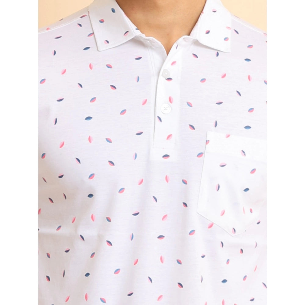 Amfyn Men's Casual Cotton Printed Polo Neck Half Sleeve T-Shirt (White)