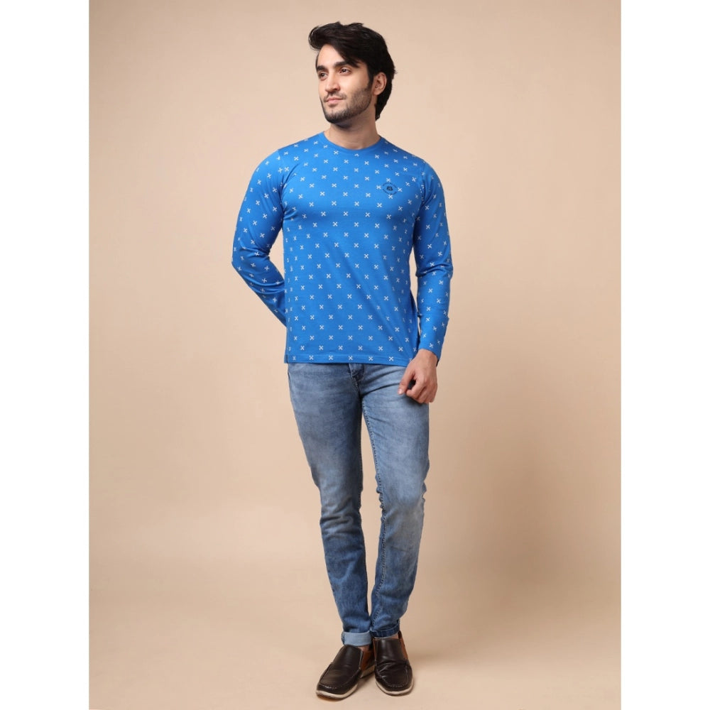 Amfyn Men's Casual Cotton Printed Round Neck Full Sleeve T-Shirt (Blue)