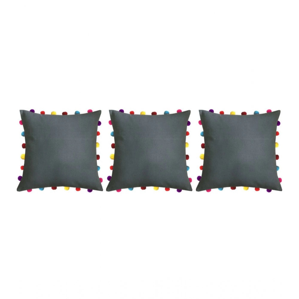 Amfyn Cotton Solid Pom Pom Cushion Covers (Grey, Size: 18x18 In)