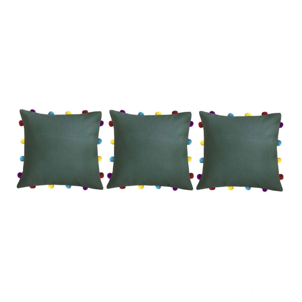 Amfyn Cotton Solid Pom Pom Cushion Covers (Green, Size: 14x14 In)