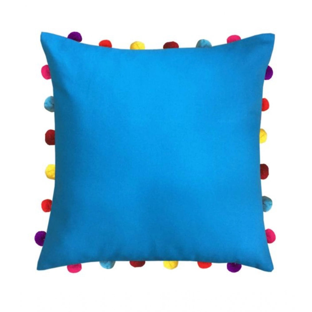Amfyn Cotton Solid Pom Pom Cushion Covers (Blue, Size: 18x18 In)