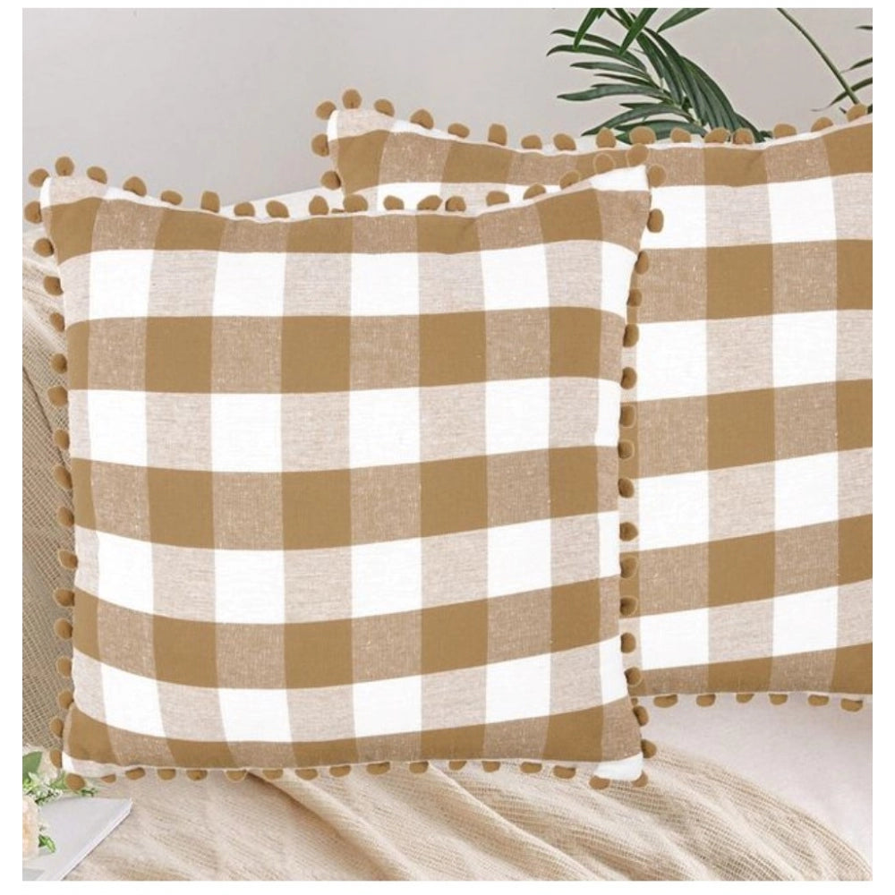 Amfyn Pack Of_2 Cotton Checkered Cushion Cover With Pom Pom (Beige, Size: 20x20 In)